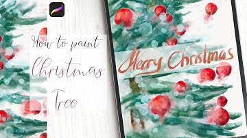 How to draw watercolor Christmas tree in Procreate - New Year digital tutorial on IPad for beginners