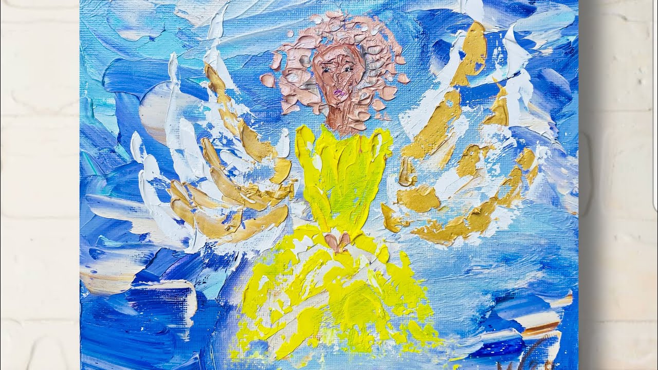 Angel Painting Religious Original Art Angel Art Fairy Gold Oil Impasto Yellow by MargaryShopUSA