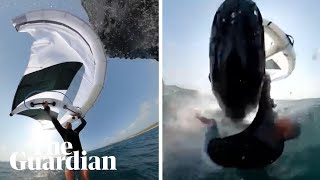Video captures moment wingfoiler is bodyslammed by whale at Sydney beach