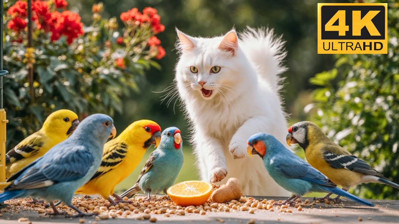 CAT TV NO ADS 😺A squirrel sits quietly while birds feed around it.