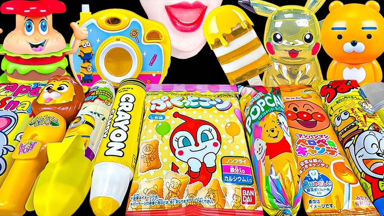 ASMR YELLOW CANDY💛PIKACHU EDIBLE PAPER MINION HAMBURGER ICE CREAM 먹는 색종이 햄버거 캔디 먹방 EATING MUKBANG
