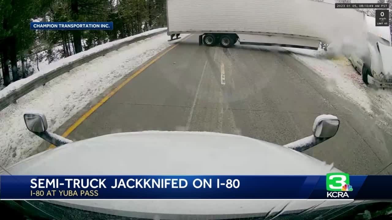 Jackknifed big rig on I80 delays traffic for Sierra travelers YouTube