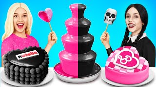 Wednesday vs Barbie Cooking Challenge! Pink vs Black Food Color by YUMMY JELLY