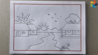 Village nature Beautiful Scenery Drawing With Pencil