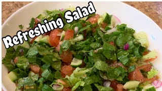 Healthy Refreshing Salad / Lettuce , Tomato , Cucumber Salad With Lemon Vinaigrette Dressing