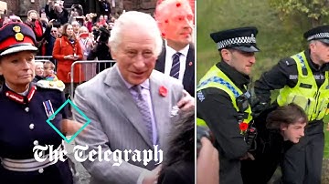 Moment King Charles and Queen Consort are egged during York walkabout