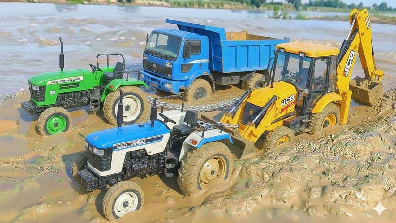JCB truck tractor muddy accident pulling out l auto rickshaw tractor cartoon 