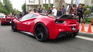 A red liberty walk ferrari 488 gtb arriving at and leaving cars
chronos hing wa lee plaza. this car is the first in u.s. ...