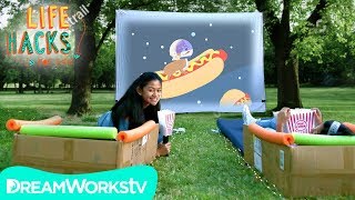 Gillian and her sister, angeline, will make everything you need for an
outdoor movie: comfortable chairs made using pool noodles boxes, a
popcorn light t...