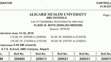 AMU CLASS 9 TH BOYS RESULT FOR INTERVIEW 2019 - 20