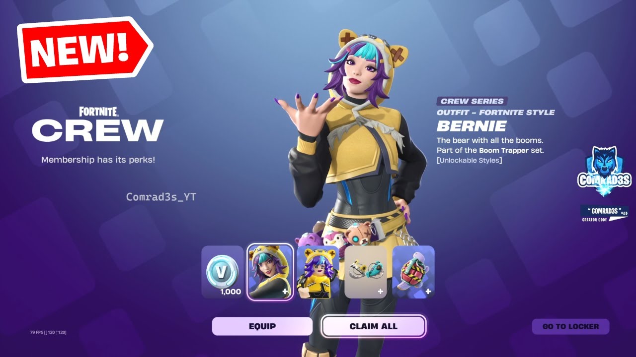Fortnite August 2025 Crew Pack EARLY Showcase - Bernie Crew Pack Skin Cosmetics with Styles