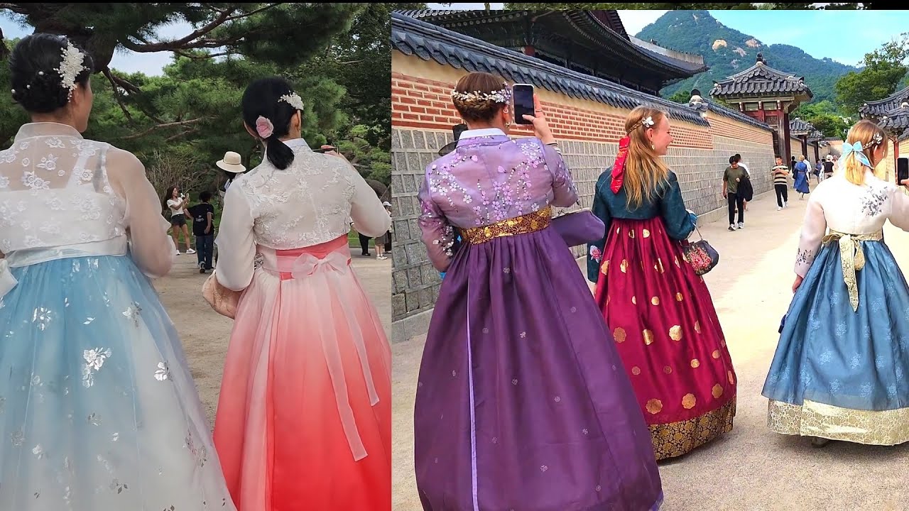 경복궁 초가을 한복 입은 외국인들로 붐벼 경회루앞 수문장과 포토타임 Gyeongbokgung Palace