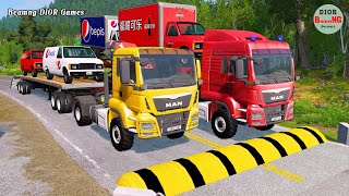 Double Flatbed Trailer Truck vs speed bumps|Tractor vs Train|Beamng Drive|215