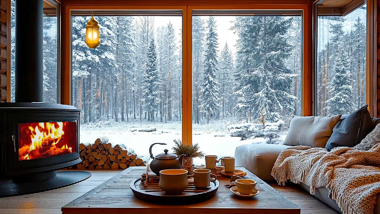Снегопад в уютной зимней хижине Ambience❄️Медленная фортепианная музыка и звуки камина для релаксаци