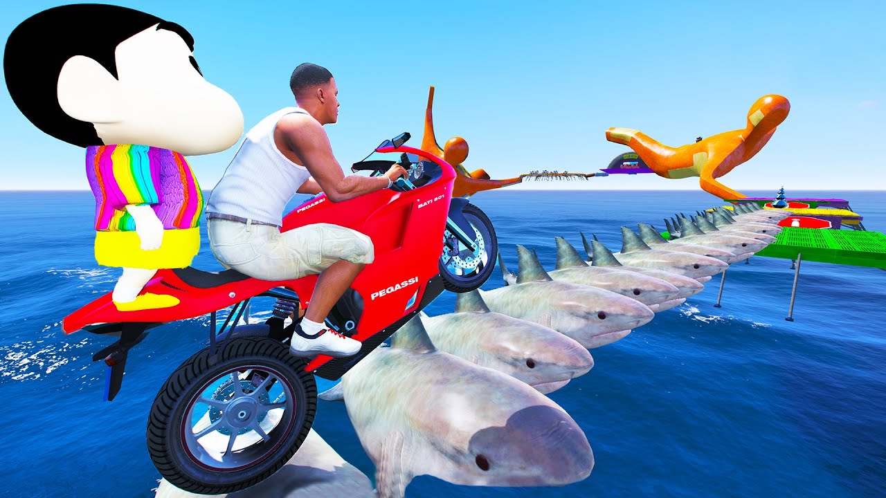 FRANKLIN TRIED SHARK BRIDGE PARKOUR RAMP CHALLENGE IN GTA 5 | SHINCHAN and CHOP FRANKLIN TRIED SHARK BRIDGE PARKOUR RAMP CHALLENGE IN GTA 5 | SHINCHAN and CHOP
