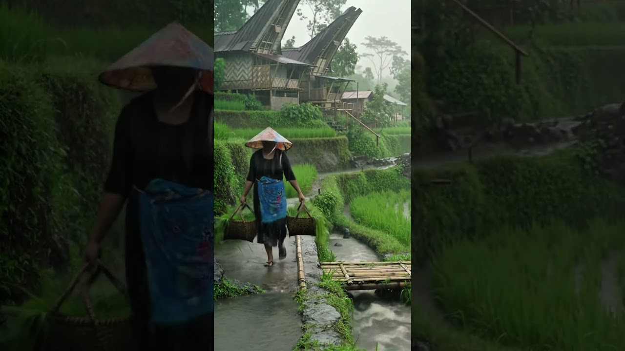 Walking Through Rain in an Indonesian Rice Field | Rural Life Aesthetic