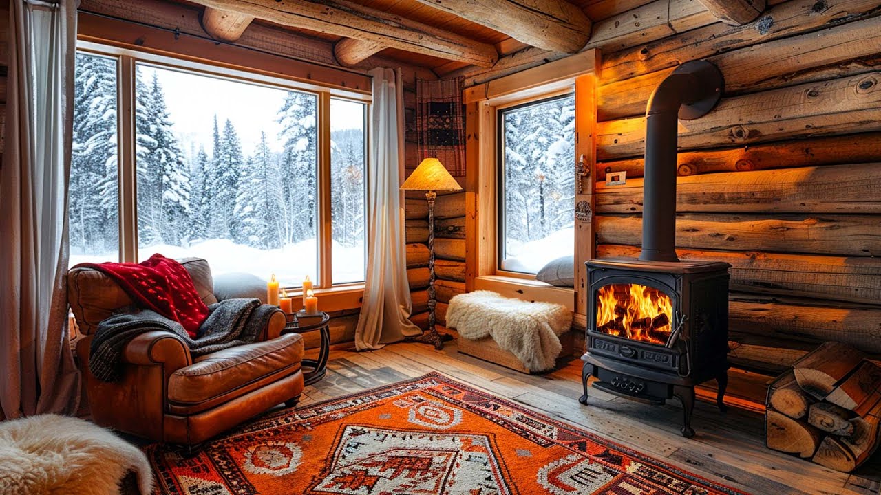 Snowstorm Outside, Cozy Cabin Inside | Fireplace Crackling Sounds for Deep Sleep