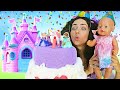 Baby Annabell doll & Princesses pretend play cooking birthday cake for Baby Born doll.