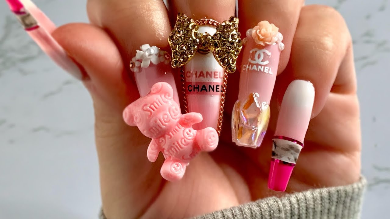 asmr] Pretty Pink Chanel Nail Art Tutorial with Spinning Charms