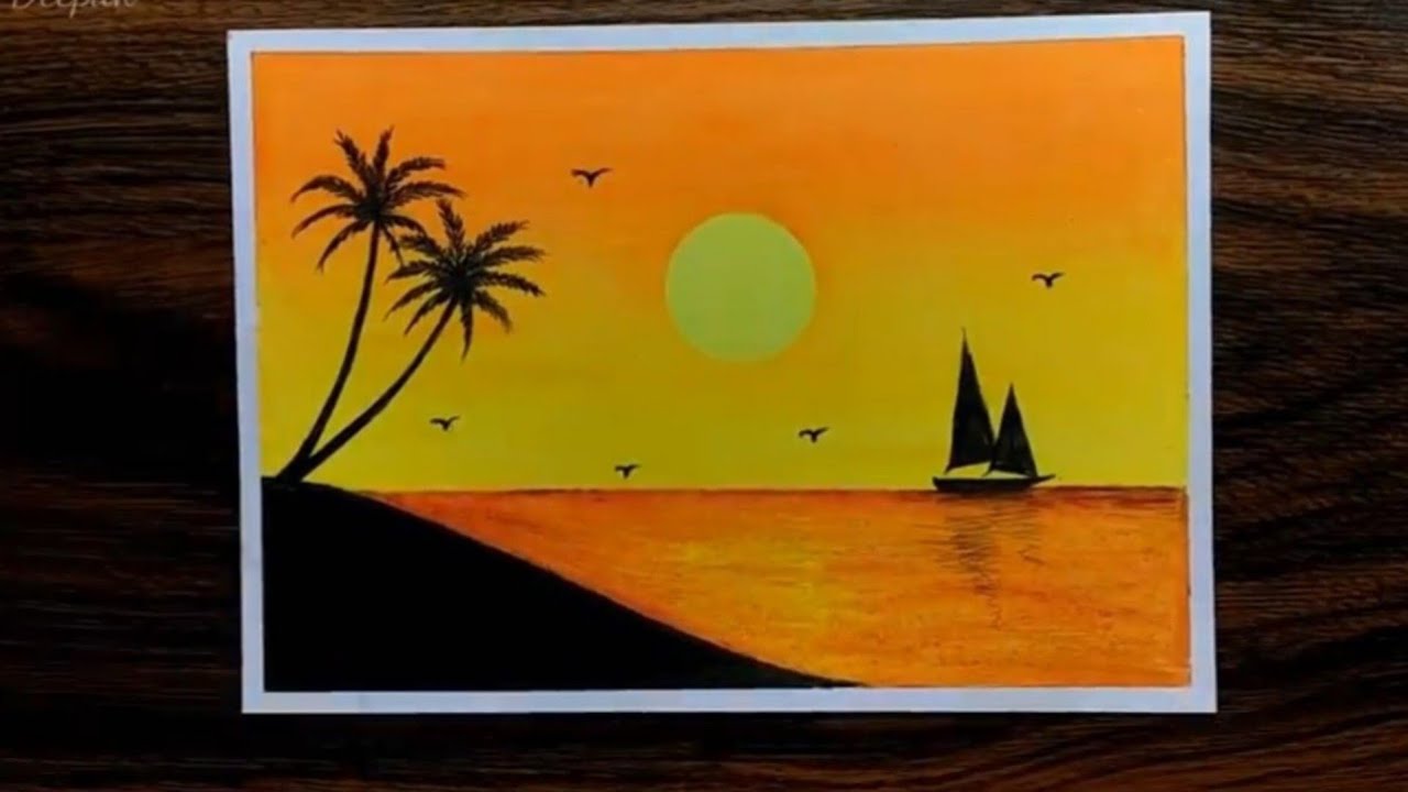 How to Draw Beautiful Sunset in the Beach | Easy Sunset Scenery Drawing ...