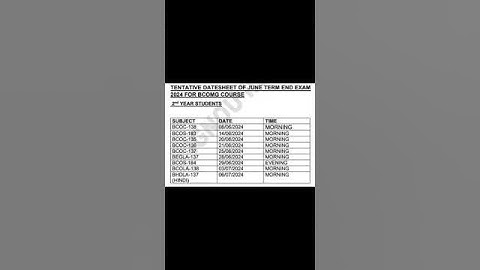 Tentative Datesheet for June TEE 2024