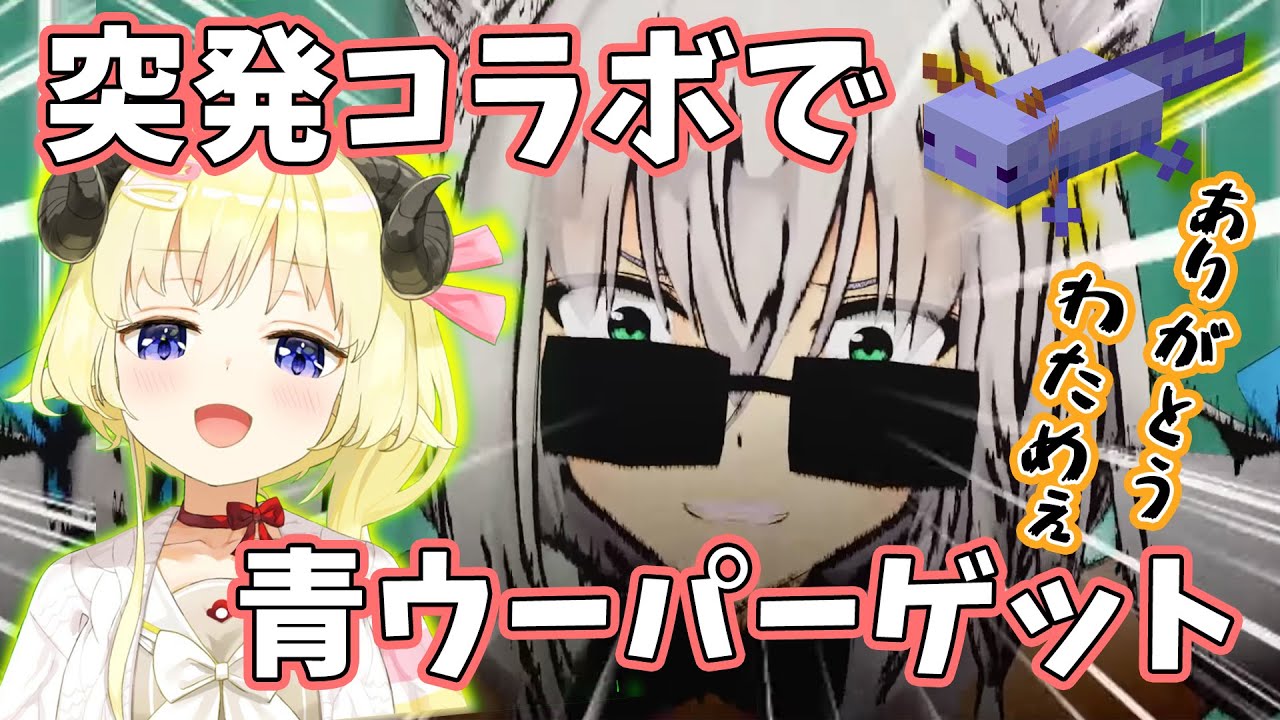 早朝の突発コラボで0.1%以下の確率でしかでない青ウーパーを見事出現させる幸運羊わためぇ【角巻わため・白上フブキ・天音かなた/ホロライブ切り抜き】【マイクラ】