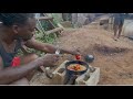 Outdoor cooking roast breadfruit with tin mackerel/mama Birthday setting 