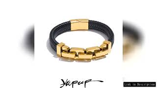 Yhpup 18K Pvd Plated Stainless Steel Metal Chain Leather Handmade Men Bracelet Bangle High Quality J