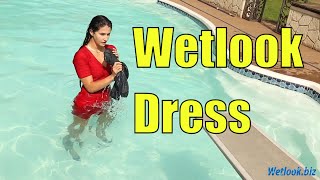 Wetlook girl in Red Dress | Wetlook tights | Wetlook outdoor Pool