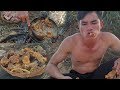 Survival skills wild man deep fried pork ribs  eating delicious
