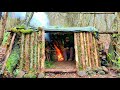 Bushcraft Shelter with Fireplace - Moss and wooden wall, Survival Winter Camping in the  Wild, Diy