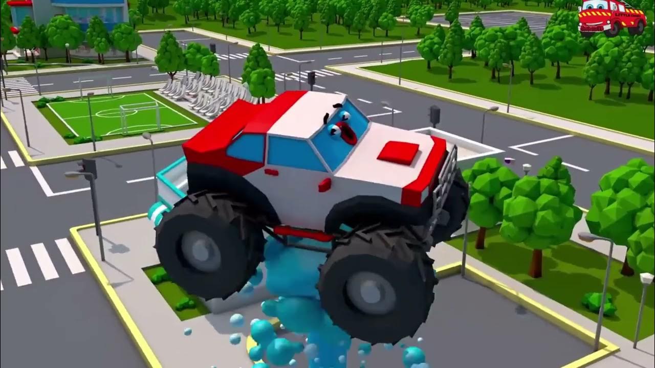 Красно белый монстр трак взлетел в небо/Red-white monster truck took ...