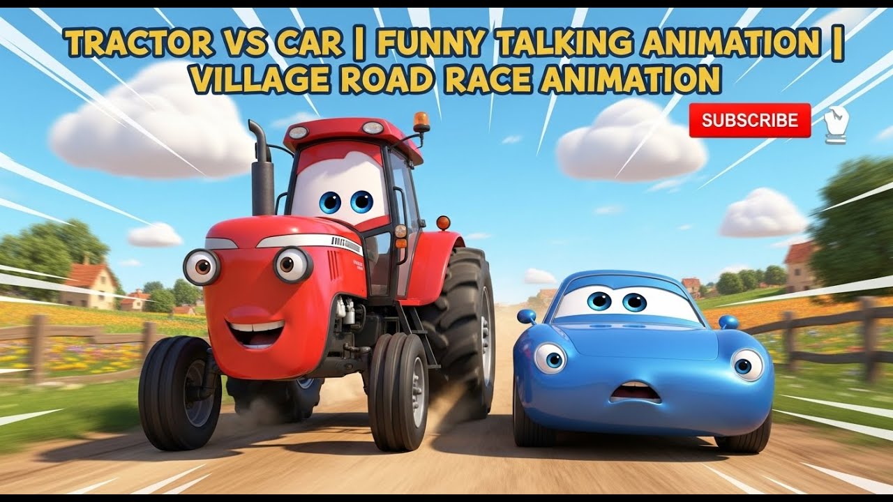 Pixar Style Tractor vs Car | Funny Talking Animation | Village Road Race Animation