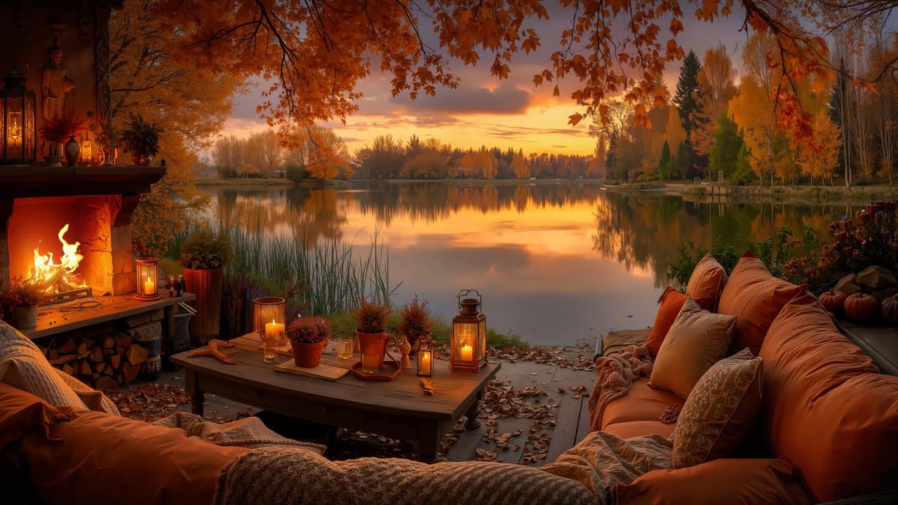 Cozy Fall Porch Ambience By The Lake 🍁 Soothing Piano Music & Fireplace ...