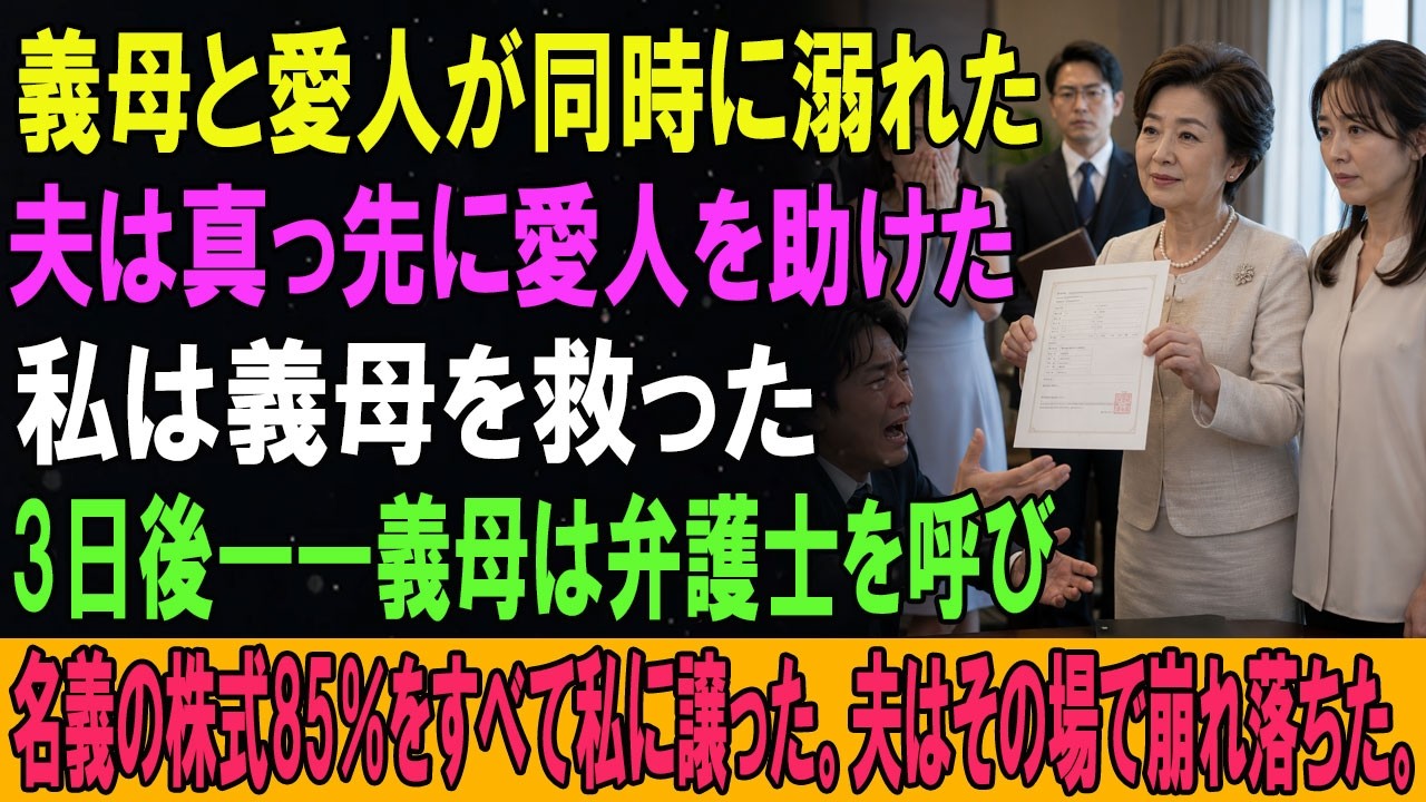 義母と愛人が同時に溺れた。夫は真っ先に愛人を助けた。私は義母を救った。3日後――義母は弁護士を呼び、名義の株式85％をすべて私に譲った。夫はその場で崩れ落ちた。