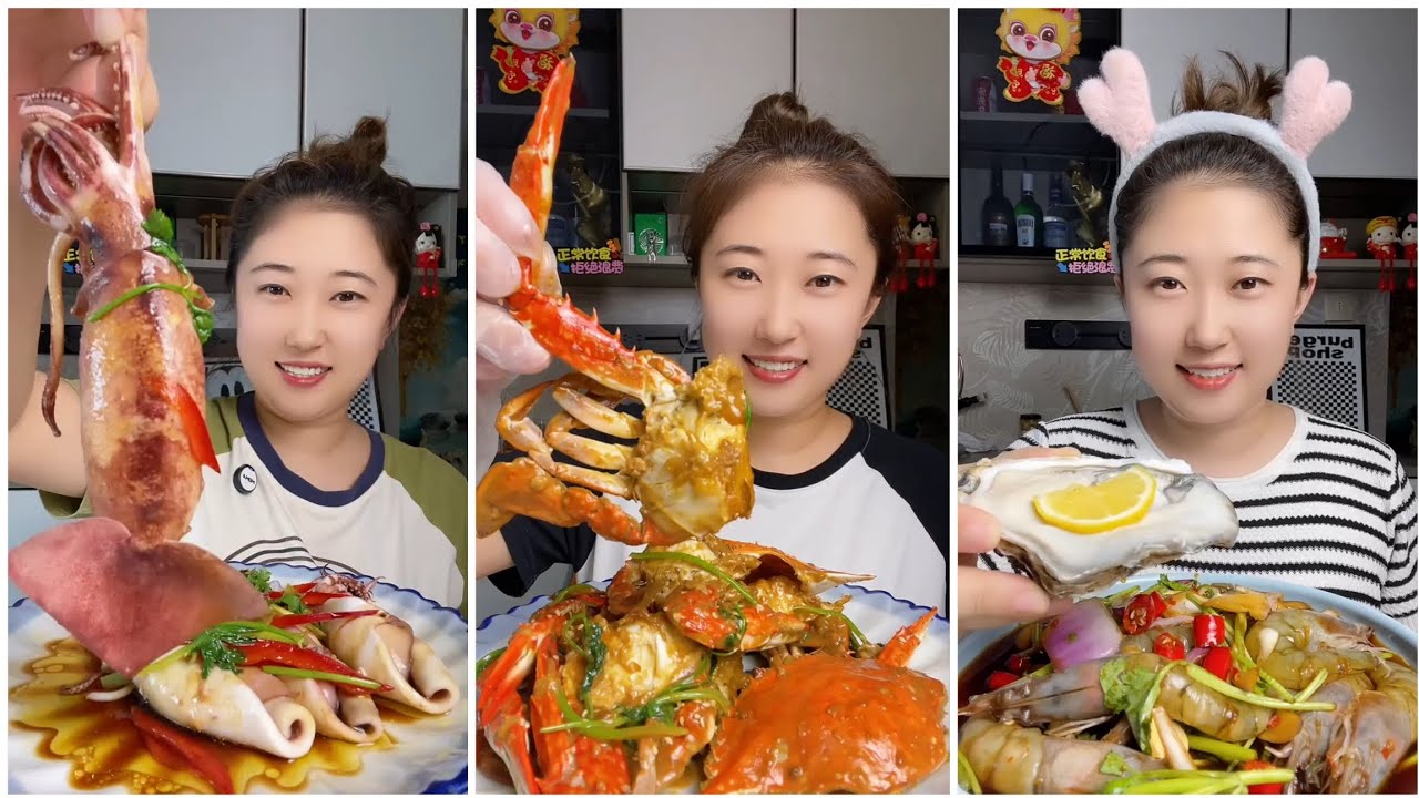 Seafood #65 challenge Eating Seafood, Shrim، Crap, Squid 😋😋{ Asmar} #oyster #salmon #shrim #lopster