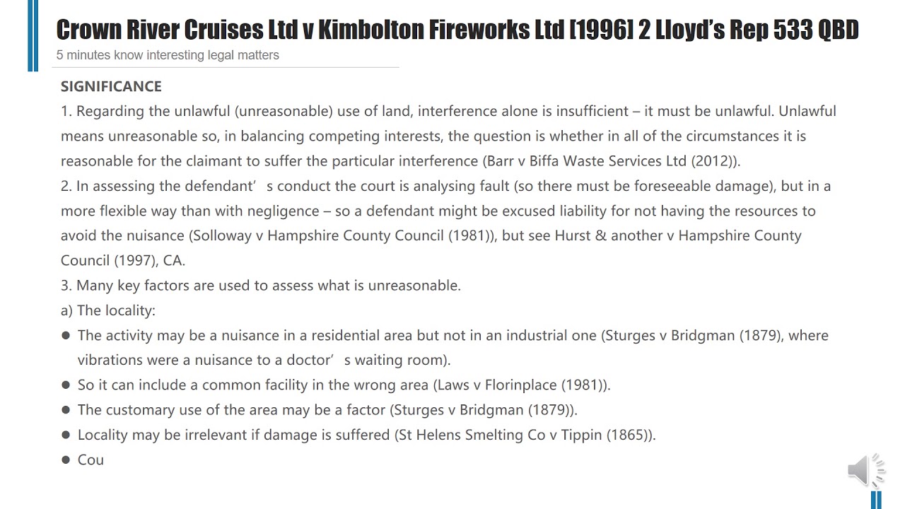 [Case Law Tort] ['nuisance test'] Crown River Cruises Ltd v Kimbolton Fireworks Ltd [1996]