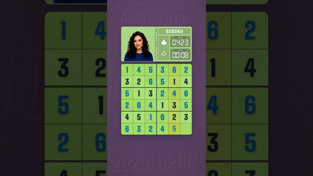 LinkedIn Mini Sudoku #423 solved board for October 8, 2026, 6x6 grid