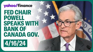 Fed Chair Jerome Powell takes part in a discussion with Governor of the Bank of Canada Tiff Macklem