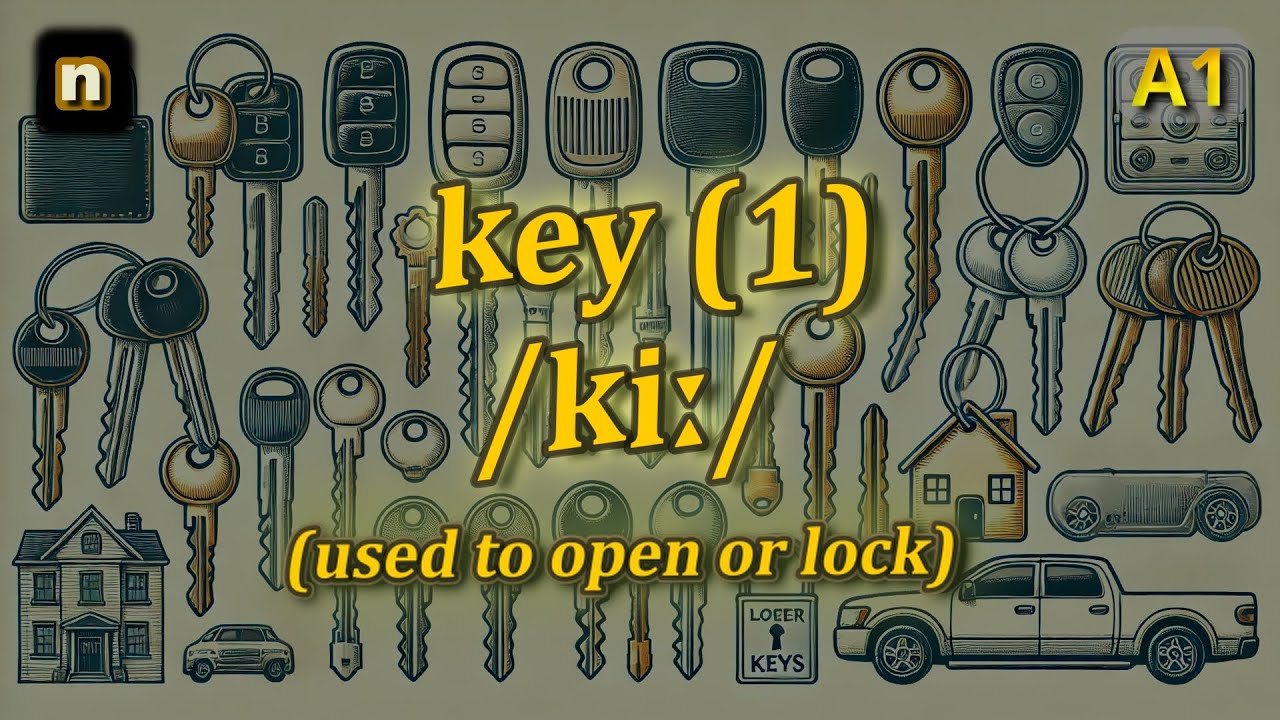 [n] Key meaning (used to open or lock) with 5 examples