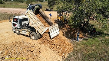 Incredible New Project Starting With Operator Skills Bulldozer Pushing Dirt & Dump Truck Unloading