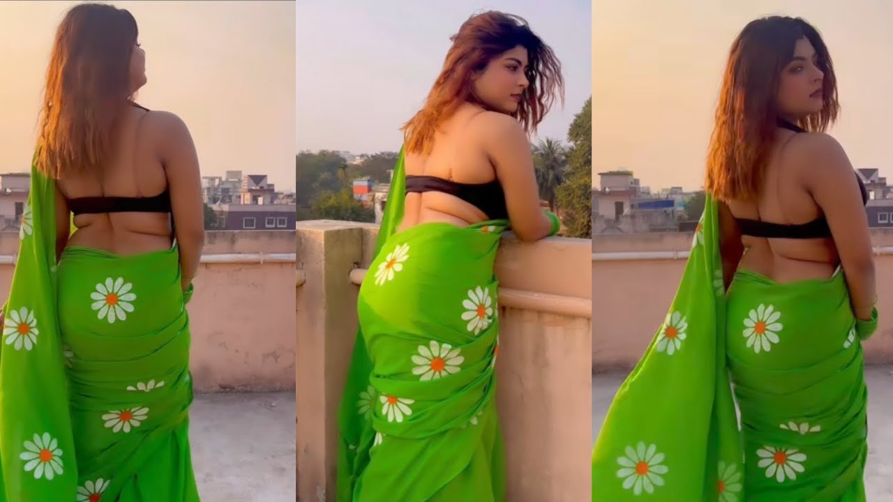 Parrot Green Cotton Saree | White Flower Motif Print | Black Backless Blouse | Low Hip Saree 