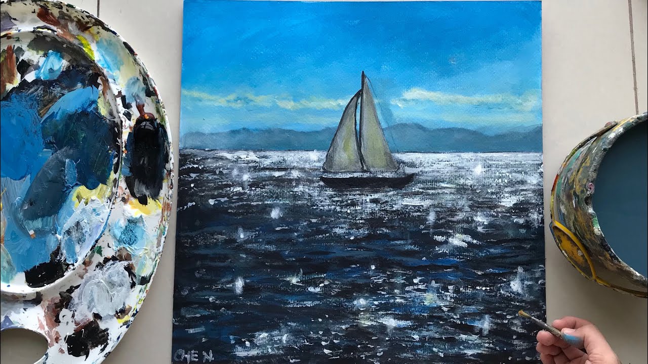 Sparkly Seas with a Sailboat Acrylic Painting Tutorial by Cheryl Navarro