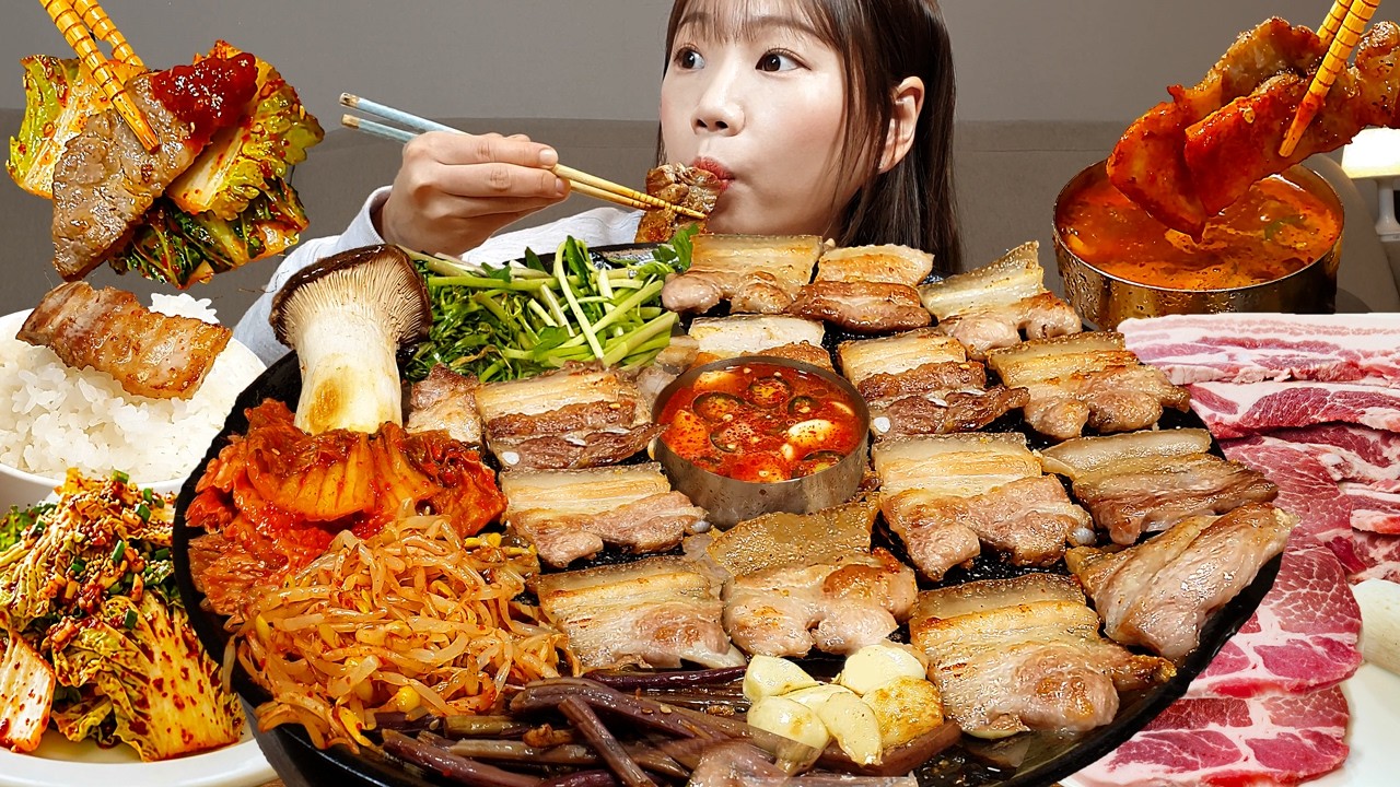 Sub)Cooking Mukbang- Жареная свинина 🥓 Жареный рис 🍚 Острое рагу с соевой пастой 🥘 ASMR КОРЕЙСКАЯЕДА