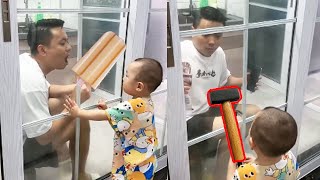 Dad Was Eating Ice Cream In The Kitchen,Cute Baby Eats Food With Hammer!#family#father and son#funny