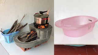 Super easy wood stove ideas from plastic pots and cement - How To Casting Cement Stove At Home