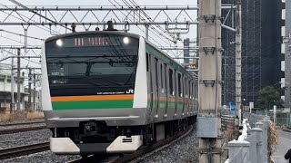 E233系3000番台ﾔﾏU221編成＋E231系1000番台ﾔﾏU-590編成が快速宇都宮行きとしてさいたま車両センター横を通過する動画（2024.4.）