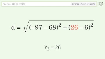 Find the distance between two points p1 (68,6) and p2 (-97,26): Step-by-Step Video Solution