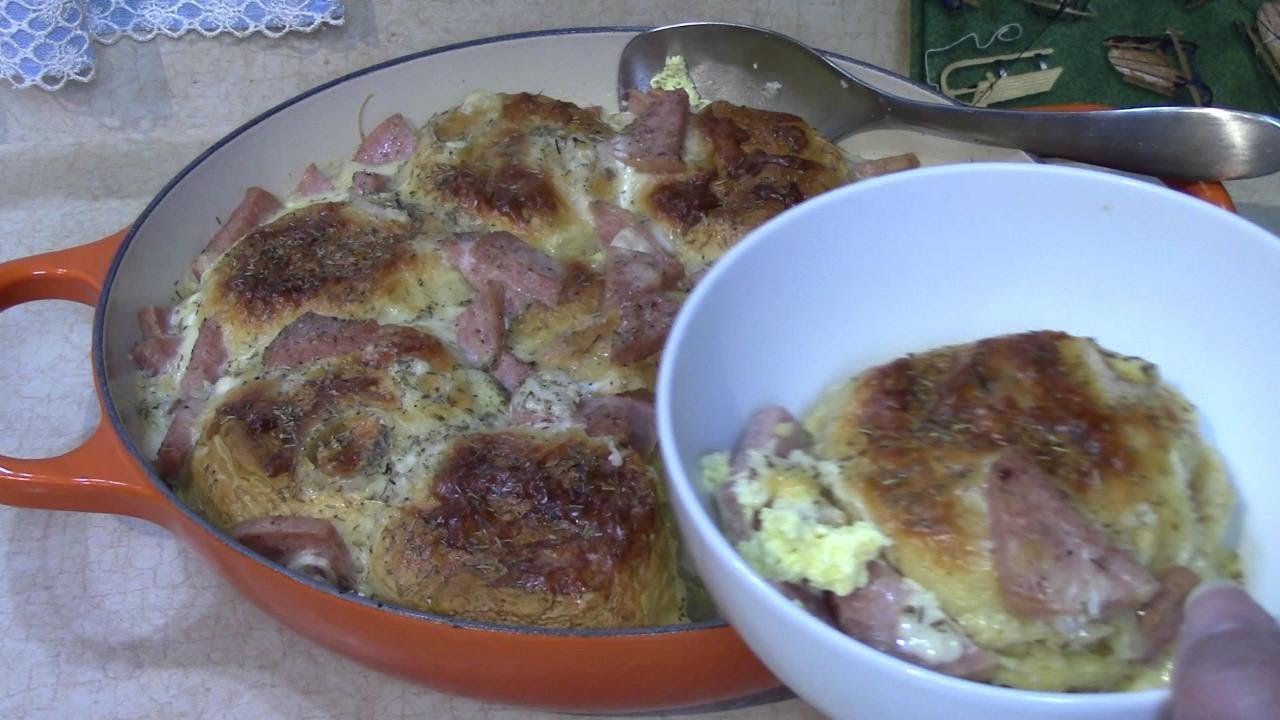Pork Roll & Thyme Biscuit Casserole in Le Creuset Cast Iron Pan