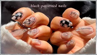 Black-patterned nails/블랙키치네일.투명한 네일에 블랙으로 포인트.유니크네일.셀프네일.체커보드네일